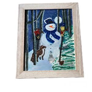 Original Painting Snowman Winter Snow Holiday Art Framed 16.5x13.5